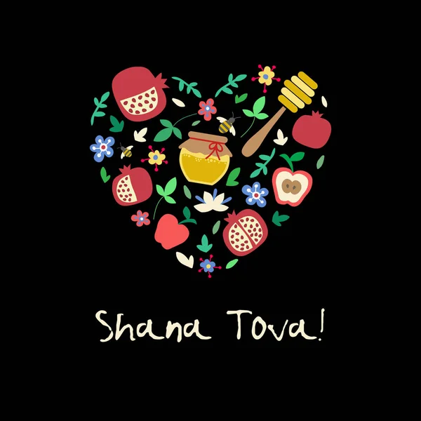 "Shana Tova "(Feliz Ano Novo em hebraico). Cartão de saudação para o Ano Novo Judaico com flores e elementos tradicionais de Holiday Rosh Hashanah —  Vetores de Stock