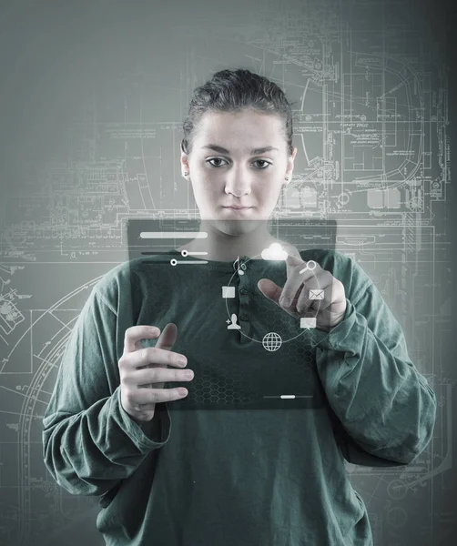 Young girl using virtual screen — Stock Photo, Image