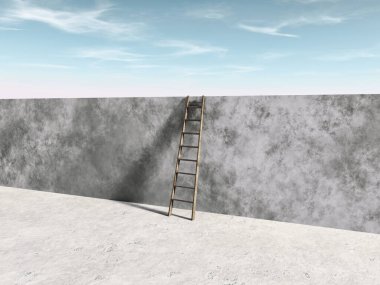 Beton duvarın üzerindeki merdiven. Engellerin üstesinden gelme kavramı.