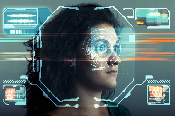 Futuristic face scan identity . Hologram with data and personal information .