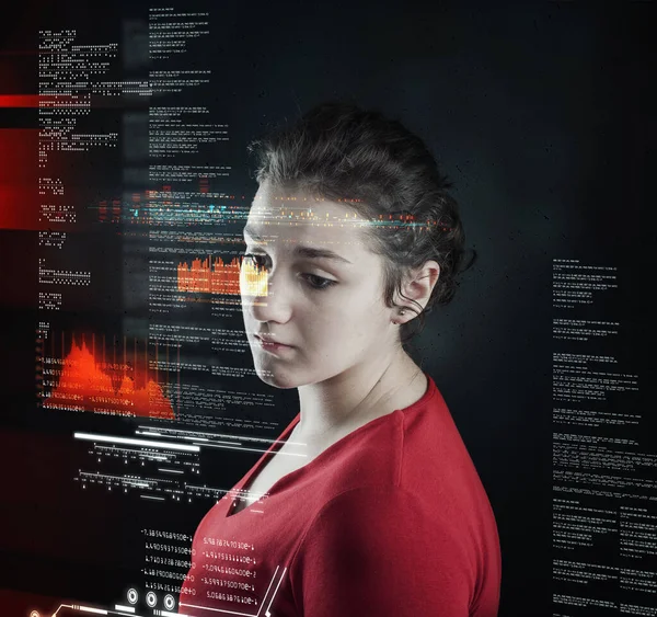 Žena Analyzuje Futuristické Uživatelské Rozhraní High Tech Obrazovky Data Informace — Stock fotografie