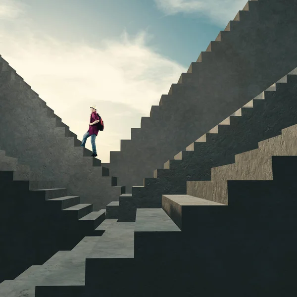 Joven Levanta Las Escaleras Para Llegar Cima Escaleras Múltiples — Foto de Stock
