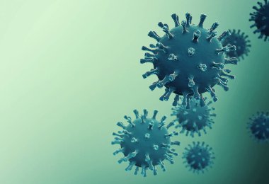 Bulaşıcı bir virüsün mikroskobik görüntüsü. Bir grup virüs hücresi. Coronavirüs hücrelerinin 3 boyutlu çizimi