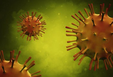 Bulaşıcı bir virüsün mikroskobik görüntüsü. Bir grup virüs hücresi. Coronavirüs hücrelerinin 3 boyutlu çizimi