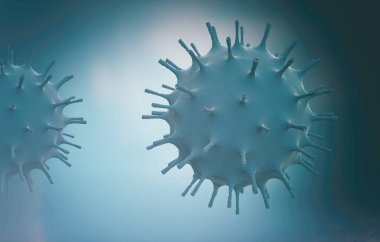 Bulaşıcı bir virüsün mikroskobik görüntüsü. Bir grup virüs hücresi. Coronavirüs hücrelerinin 3 boyutlu çizimi