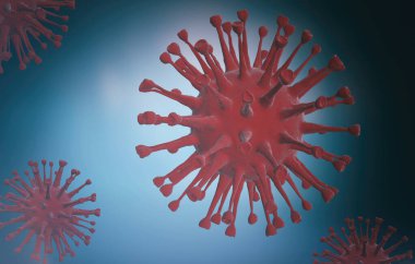 Bulaşıcı bir virüsün mikroskobik görüntüsü. Bir grup virüs hücresi. Coronavirüs hücrelerinin 3 boyutlu çizimi