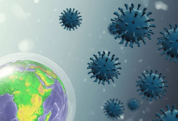 Earth into a bubble protection against the virus . Pandemic on planet earth concept . Global catastrophe , dangerous virus . Microscope view of virus cells . This is a 3d render illustration .