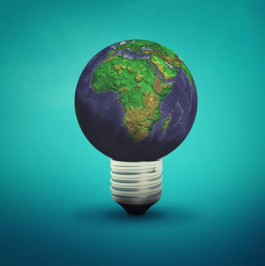 Mavi arka planda dünyadan izole edilmiş bir ampul. Bu 3 boyutlu bir çizim. . 