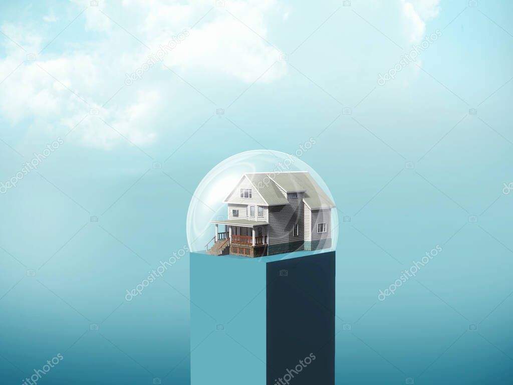 House inside a 3d sphere shield . Self isolation at home . Corona virus outbreak pandemy . This is a 3d render illustration . 