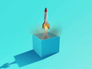Roket füzesi kutunun dışına yükseliyor. Güçlü bir başlangıç fikri. Bu 3 boyutlu bir çizim. . 
