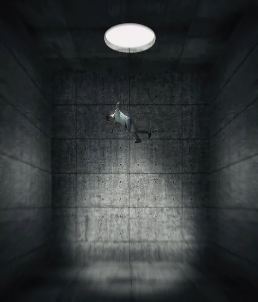 Man Falling Hole Dark Concrete Room Isolation Lockdown Concept — Stock Photo, Image