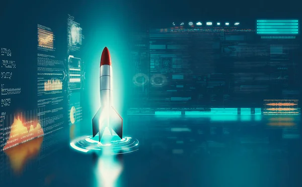 Misil Cohete Dentro Cilindro Futurista Con Datos Información Pantallas Inicie —  Fotos de Stock