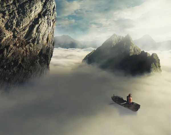 Bulutların Dağların Üzerindeki Bir Teknedeki Bir Gezginin Gerçeküstü Görüntüsü — Stok fotoğraf