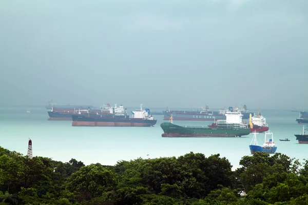Krajobraz z widokiem na ptaki Statki towarowe wchodzące do jednego z najbardziej ruchliwych portów na świecie, Singapur — Zdjęcie stockowe