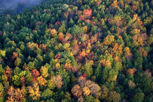 An aerial view of a hot air balloon floating over the Vermont country side — Stock Photo, Image