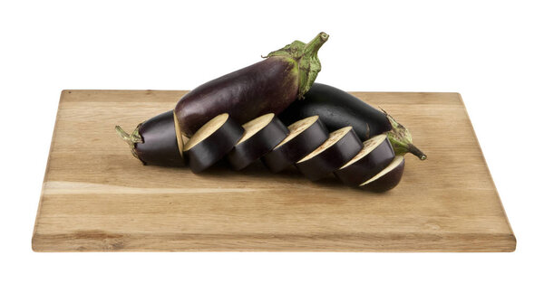 eggplant on a cutting board isolated on a white background