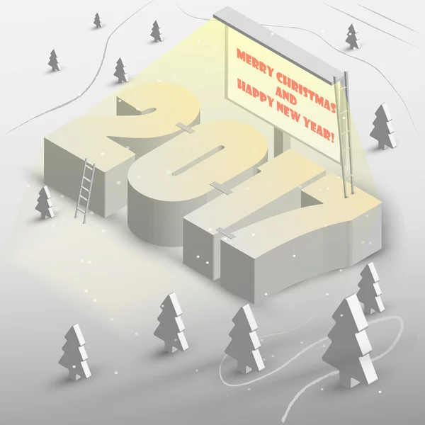 Buon Natale e Felice Anno Nuovo 2017 biglietto di auguri. Illustrazione isometrica invernale. Foresta di progettazione 3D . — Vettoriale Stock