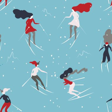 Kış kayakçı ile seamless modeli. Kayak çizgi film kızlar. Arka plan duvar kağıtları ve kağıt sarma için büyük.