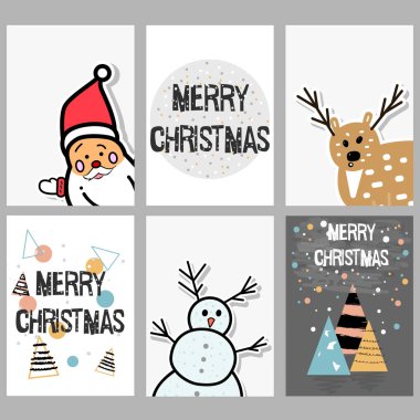 Kümesiyle Noel kartları komik, sevimli karakterler, Noel Baba, kardan adam, geyik. Vektör