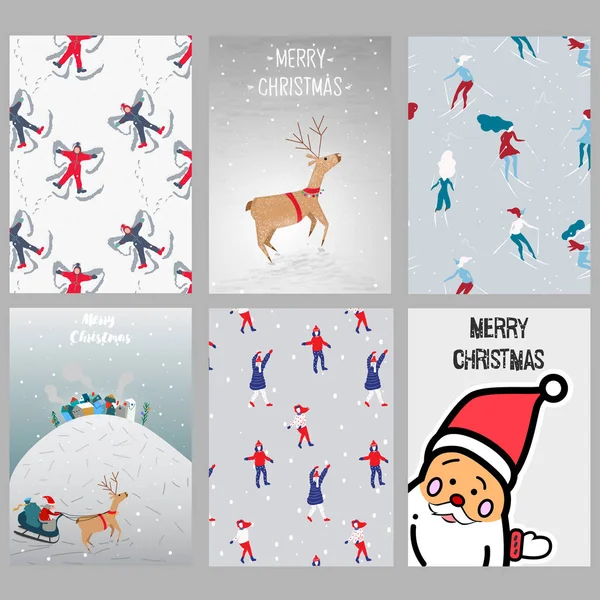 Набор рождественских открыток. С нарисованными вручную элементами и узорами. Вектор — стоковый вектор