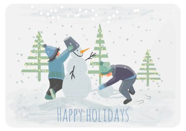 Çocuklar kardan adam yapmak. Neşeli Noel ve mutlu yeni yıl tebrik kartı. Vektör çizim.