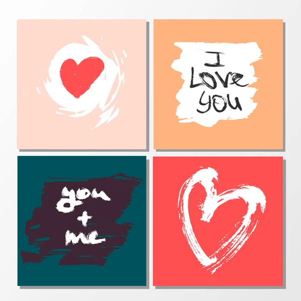 Colección vectorial de 4 lindas plantillas de tarjetas de San Valentín. Elementos dibujados a mano por pincel. Feliz día de San Valentín — Vector de stock