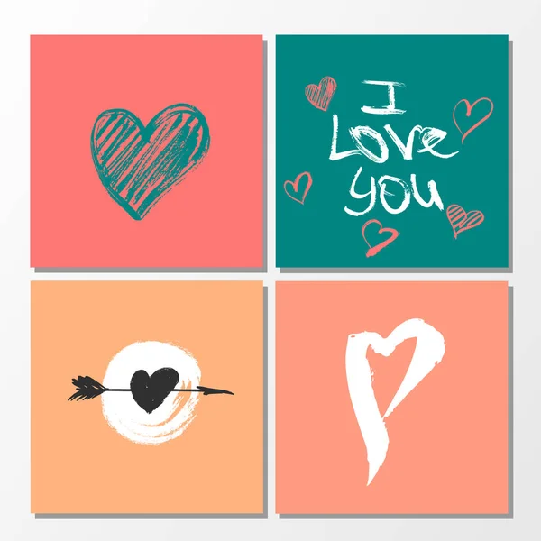 Colección vectorial de 4 lindas plantillas de tarjetas de San Valentín. Elementos dibujados a mano por pincel. Feliz día de San Valentín — Vector de stock