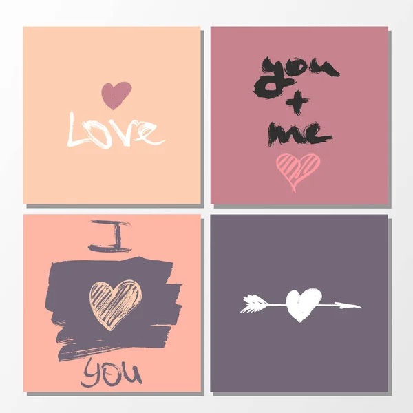 Colección vectorial de 4 lindas plantillas de tarjetas de San Valentín. Elementos dibujados a mano por pincel. Feliz día de San Valentín — Vector de stock