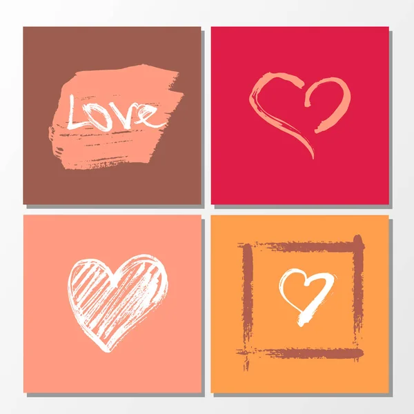 Colección vectorial de 4 lindas plantillas de tarjetas de San Valentín. Elementos dibujados a mano por pincel. Feliz día de San Valentín — Vector de stock