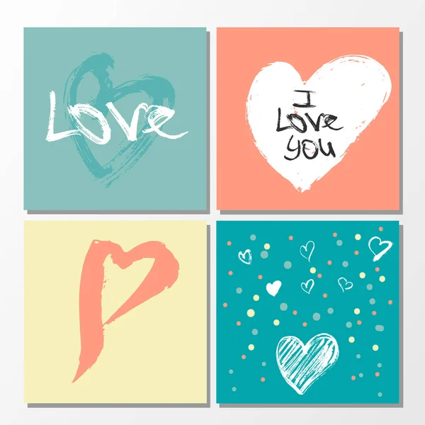 Colección vectorial de 4 lindas plantillas de tarjetas de San Valentín. Elementos dibujados a mano por pincel. Feliz día de San Valentín — Vector de stock