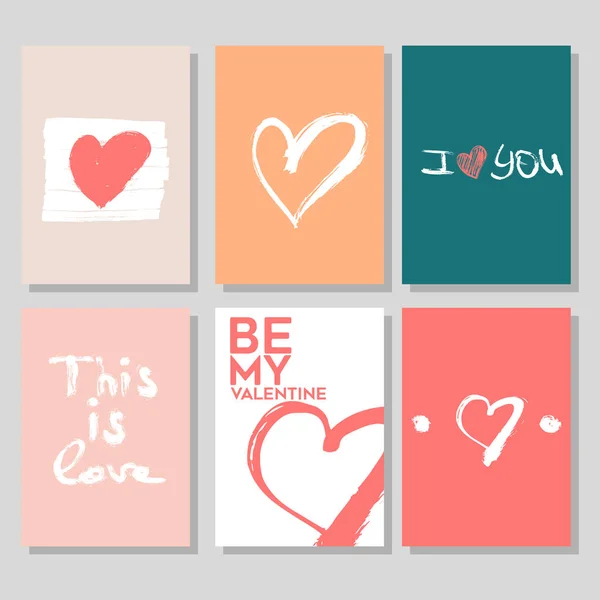 Colección vectorial de 6 lindas plantillas de tarjetas de San Valentín. Elementos dibujados a mano por pincel. Feliz día de San Valentín — Vector de stock