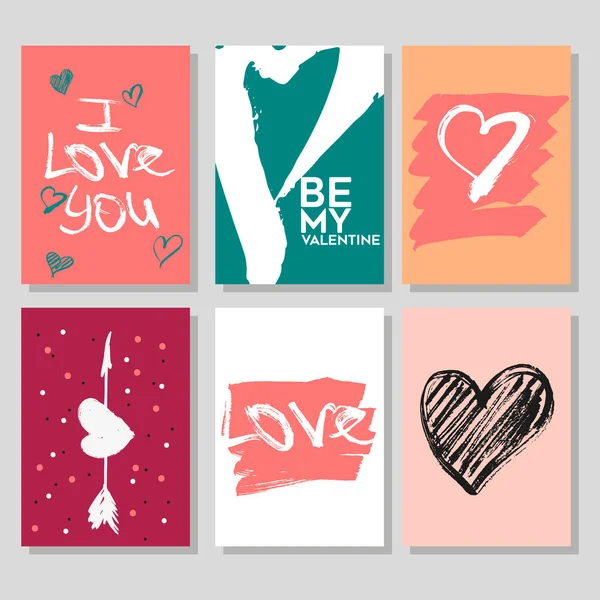 Colección vectorial de 6 lindas plantillas de tarjetas de San Valentín. Elementos dibujados a mano por pincel. Feliz día de San Valentín — Vector de stock