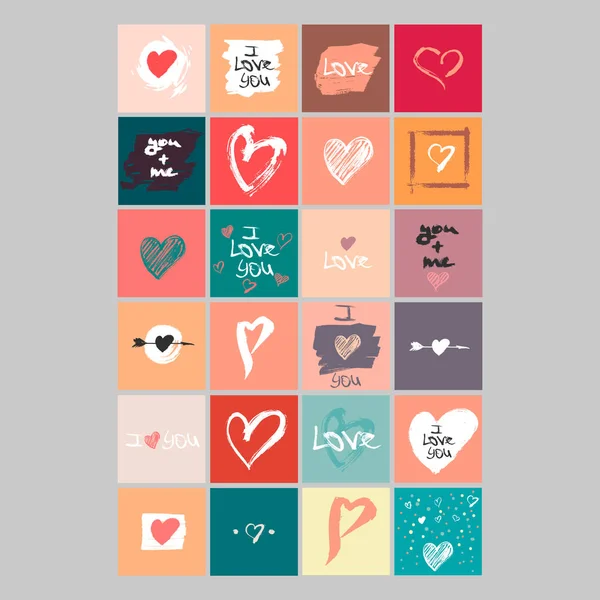 Vector collection of 24 cute Valentines cards. Printable template adapted for quadratic formats. Hand drawn elements by brush. Happy Valentine's Day — Stock Vector