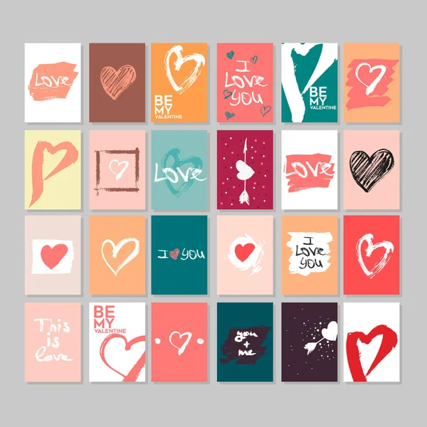 Colección vectorial de 24 tarjetas de San Valentín lindo. Plantilla imprimible adaptada para A4 y formatos similares. Elementos dibujados a mano por pincel. Feliz día de San Valentín — Vector de stock