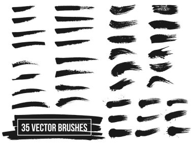 Siyah boya, mürekkep fırça darbeleri, fırçalar, satır kümesi. Kirli sanatsal tasarım öğesi