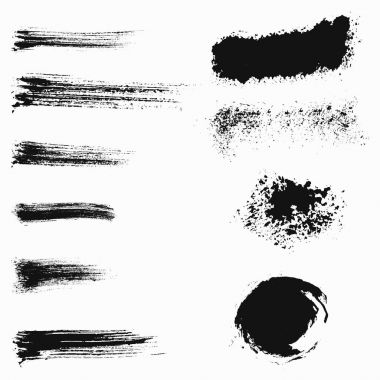 Siyah boya, mürekkep fırça darbeleri, fırçalar, satır kümesi. Kirli sanatsal tasarım öğesi