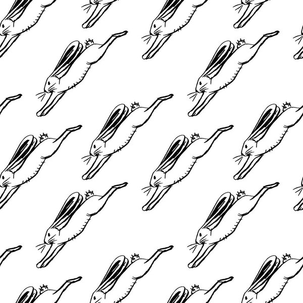 Hand drawn seamless pattern by ink with rabbits silhouette. Illustration for greeting cards, invitations, and other printing projects. Vector illustration