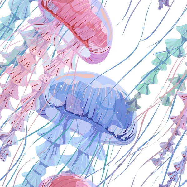 Patrón sin costuras con medusas transparentes detalladas. Jalea de mar rosa y azul sobre fondo blanco. Ilustración vectorial — Archivo Imágenes Vectoriales