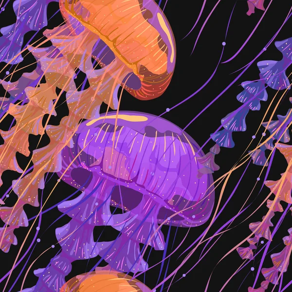 Nahtloses Muster mit detaillierten transparenten Quallen. Orange und fiolet Meeresgelee auf schwarzem Hintergrund. Vektorillustration — Stockvektor