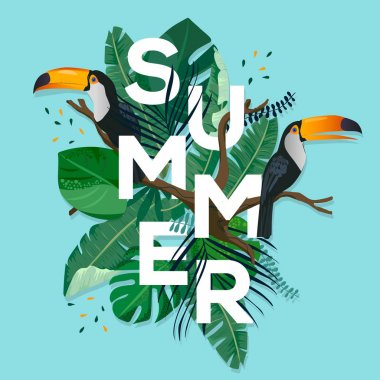 Tropikal harfle yaz bırakır. Sezon satılık vektör etiket. Yeşillik yazı. Tropikal illüstrasyon. Yaz aylarında poster. T-shirt, moda, baskı, afiş veya tasarım paketleme için.