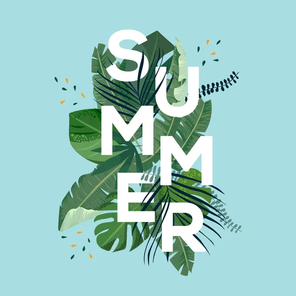 Summer letter with tropical leaves. Season sale vector label. Foliage lettering. Tropical illustration. Summertime poster. For t-shirt, fashion, prints, banner or packaging design. — Stock Vector