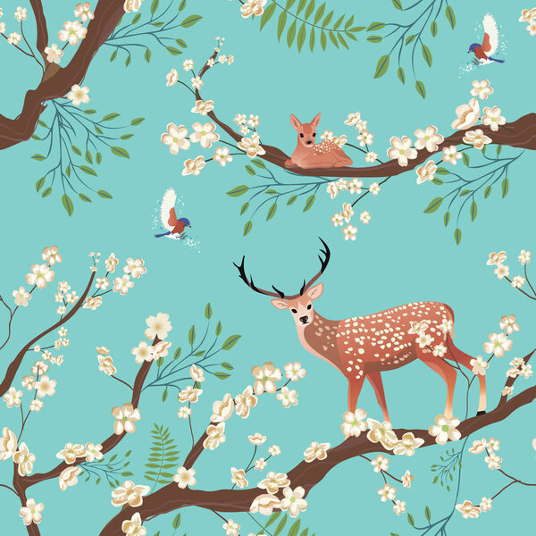 Seamless background of Sakura blossom or Japanese flowering. Flying birds and Sika deer staing on tree brunch. Traditional Asian retro nature pattern. Vector
