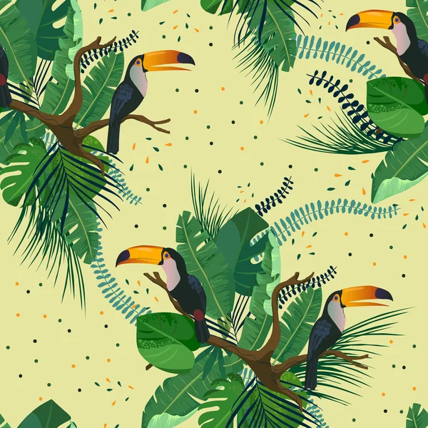 Тропические пальмовые листья, туканские птицы на бранче. Листья джунглей бесшовные векторные цветочные фон . — стоковый вектор