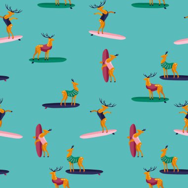 Yaz Dikişsiz desen. Komik karikatür geyik sörfçü mayo. Düz stil illüstrasyon. Yaz plaj sörf illüstrasyon.