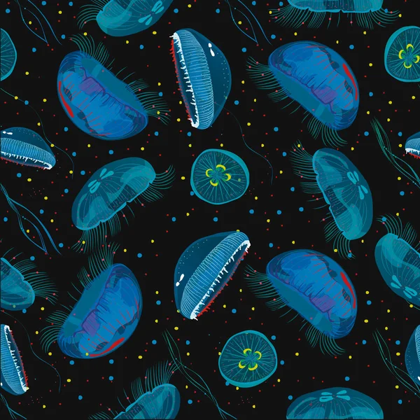 Pola mulus dengan ubur-ubur transparan yang rinci. Biru laut jelly pada latar belakang gelap. Ilustrasi vektor - Stok Vektor