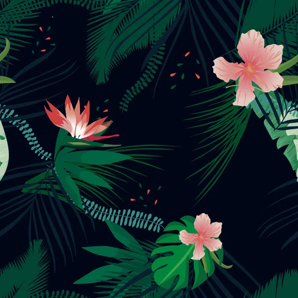 Летние экзотические тропические пальмы, банановые листья. Вектор узора бесшовный на темном фоне. Натюрморты — стоковый вектор