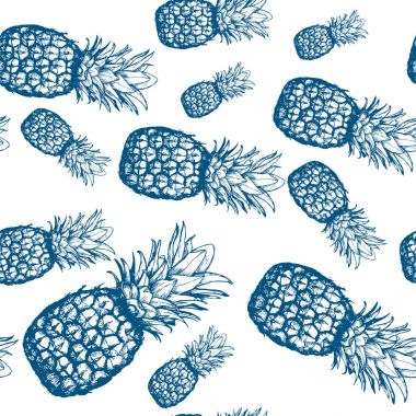 Seamless modeli. El ananas beyaz arka planda çekilmiş. Vektör çizim. Davetiyeler için mükemmel, tebrik kartları, kağıt, posterler, kumaş sarma yazdırma.