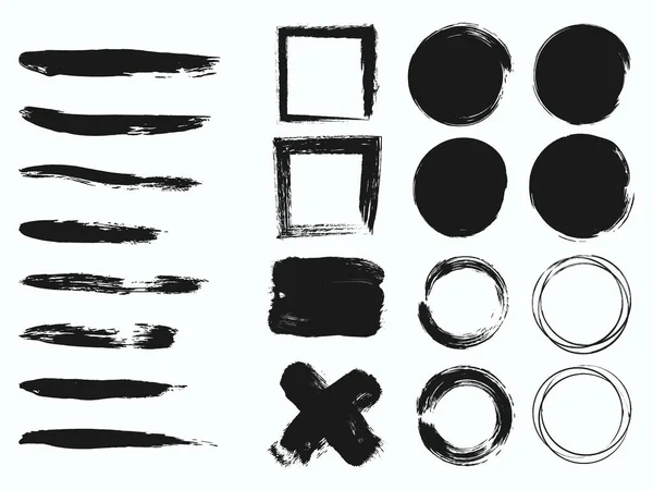 Aantal zwarte verf, penselen, inkt penseelstreken en lijnen. Vuile artistieke ontwerpelementen, dozen, frames voor tekst. — Stockvector