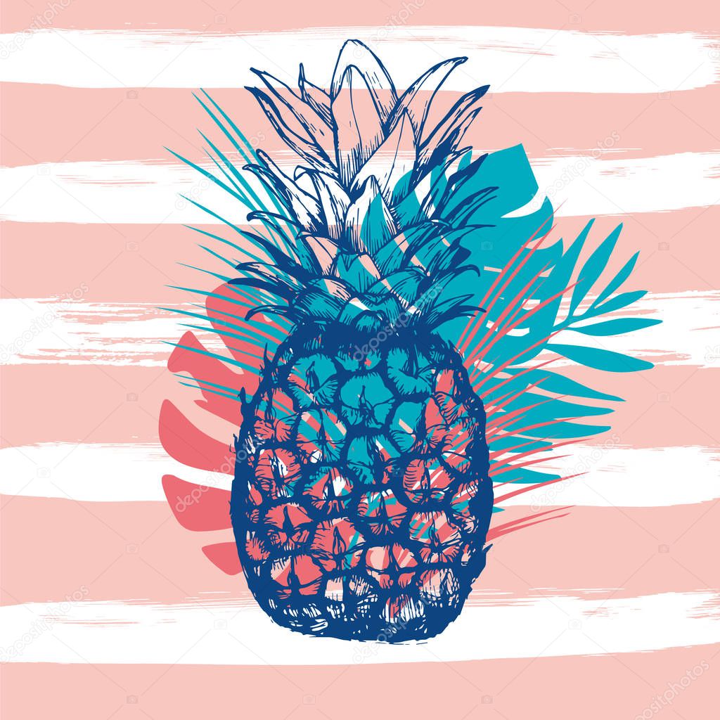Vector hand drawn pineapple with striped background and tropical leaves. Exotic tropical fruit. Sketch. Pop art. Goods for invitations, greeting cards, posters.