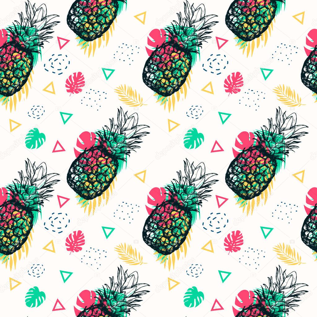 Seamless pattern. Hand drawn pineapples on white background with tropical leaves. Perfect for wrapping paper, posters, fabric print. Vector illustration.